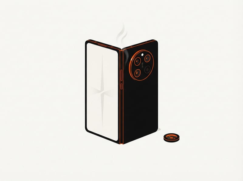 A half-open book-style foldable smartphone with a large circular camera module on its back, a loose lens element beside it and faint heat shimmer rising from it.