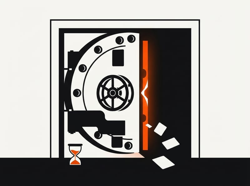 A heavy vault door slightly open with blank cards drifting out and an hourglass on the floor, suggesting a data breach with a countdown.