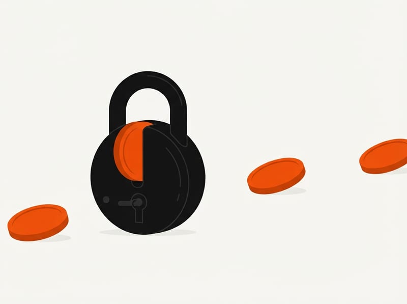 A sturdy padlock clamped onto one coin while several other blank coins roll away across a flat surface.