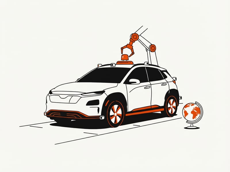 An electric crossover SUV with a roof-mounted sensor dome being fitted by a robotic arm on an assembly line, with a small globe nearby.