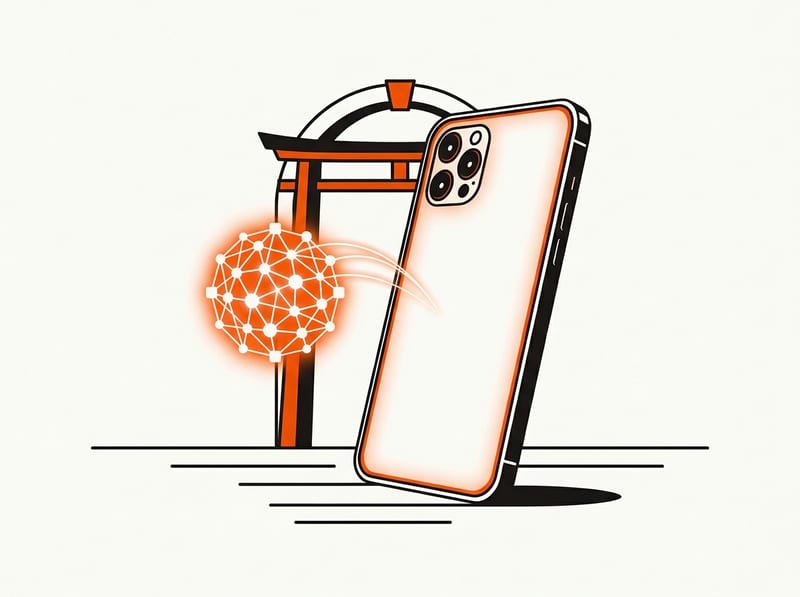 A modern smartphone stands in front of a small archway with a glowing abstract orb of connected nodes beside it, symbolising AI features arriving on the device.