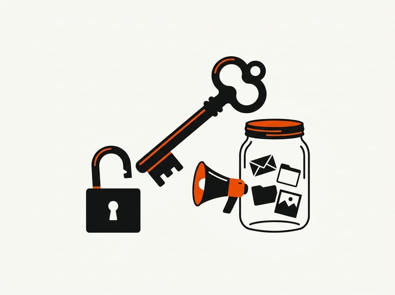 An ornate key and an open padlock beside a glass jar of envelope, folder and photo icons, with a megaphone aimed at the jar.
