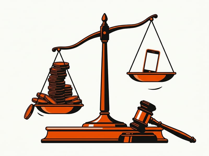 An oversized balance scale tipping hard toward a pan piled with coins while a small smartphone sits in the lifted pan, with a gavel beside the base.