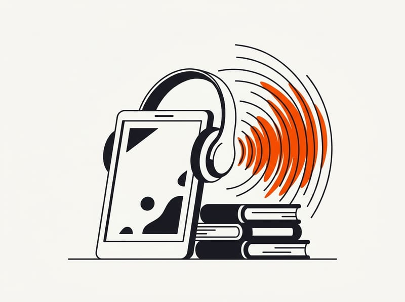 An e-reader with headphones draped over it beside a small stack of books, with soft sound ripples radiating outward to suggest a growing audiobook library.